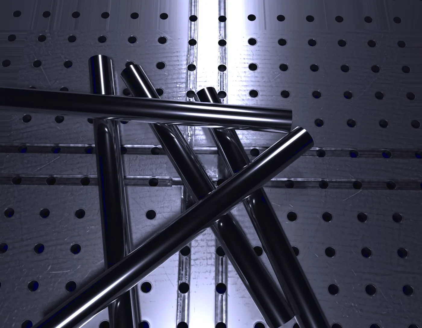 Datanoc generated image: five steel rods on the pegboard
